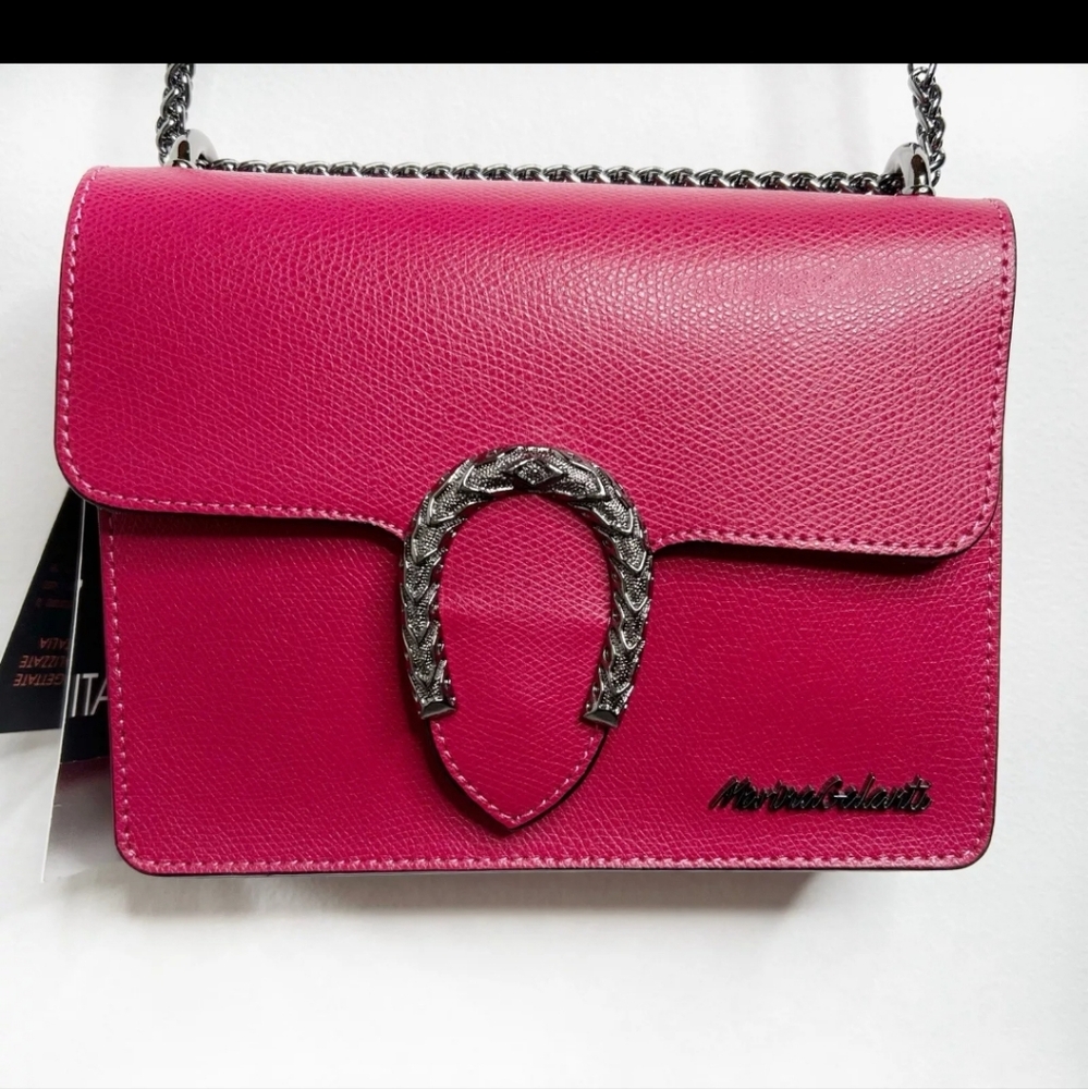 Marina Galanti Crossbody Bag Fuchsia Pink  Leather Silver Chain Strap NWT